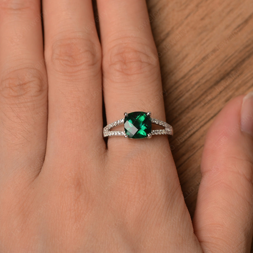 Lab Emerald Ring Split Shank Cushion Cut Ring - LUO Jewelry
