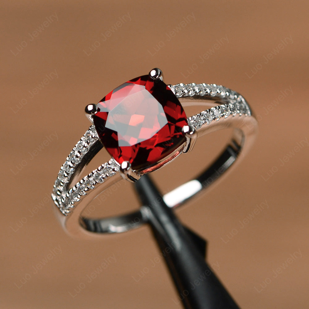 Garnet Ring Split Shank Cushion Cut Ring - LUO Jewelry