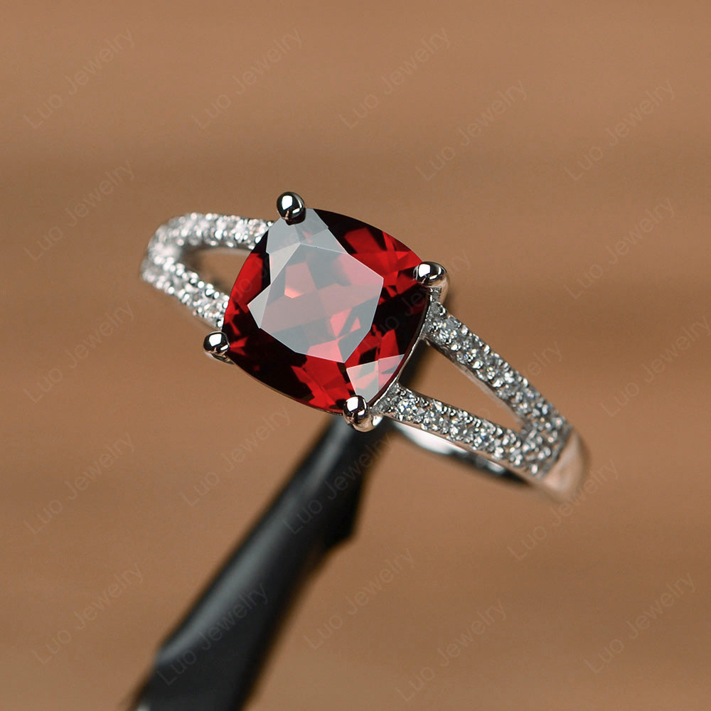 Garnet Ring Split Shank Cushion Cut Ring - LUO Jewelry