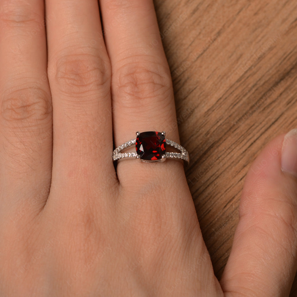 Garnet Ring Split Shank Cushion Cut Ring - LUO Jewelry