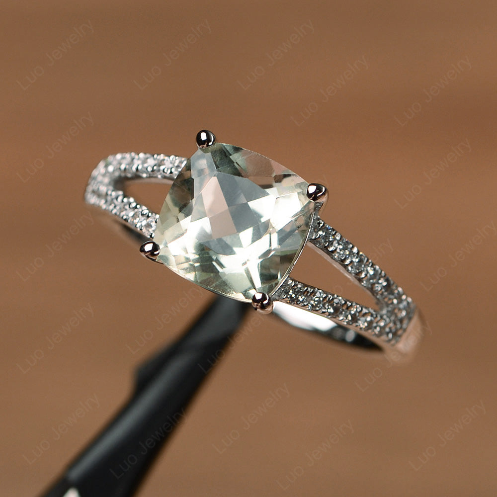 Green Amethyst Ring Split Shank Cushion Cut Ring - LUO Jewelry