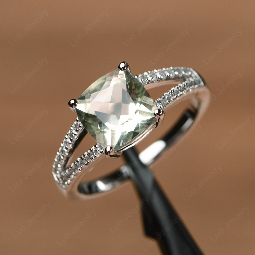 Green Amethyst Ring Split Shank Cushion Cut Ring - LUO Jewelry