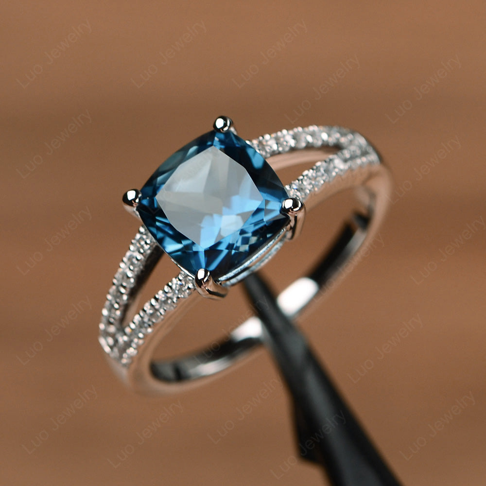 Cushion Cut London Blue Topaz Split Shank Ring
