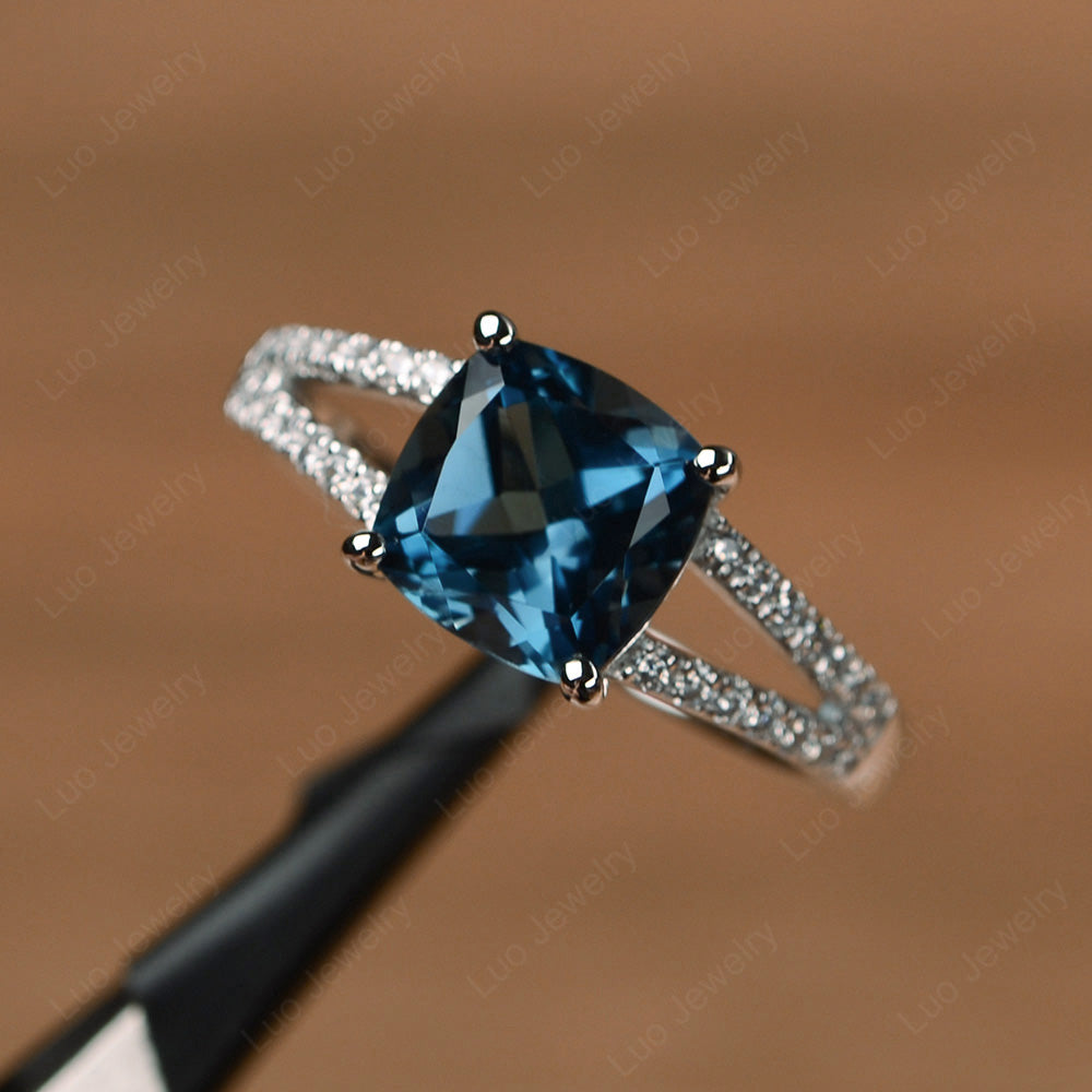 London Blue Topaz Ring Split Shank Cushion Cut Ring - LUO Jewelry