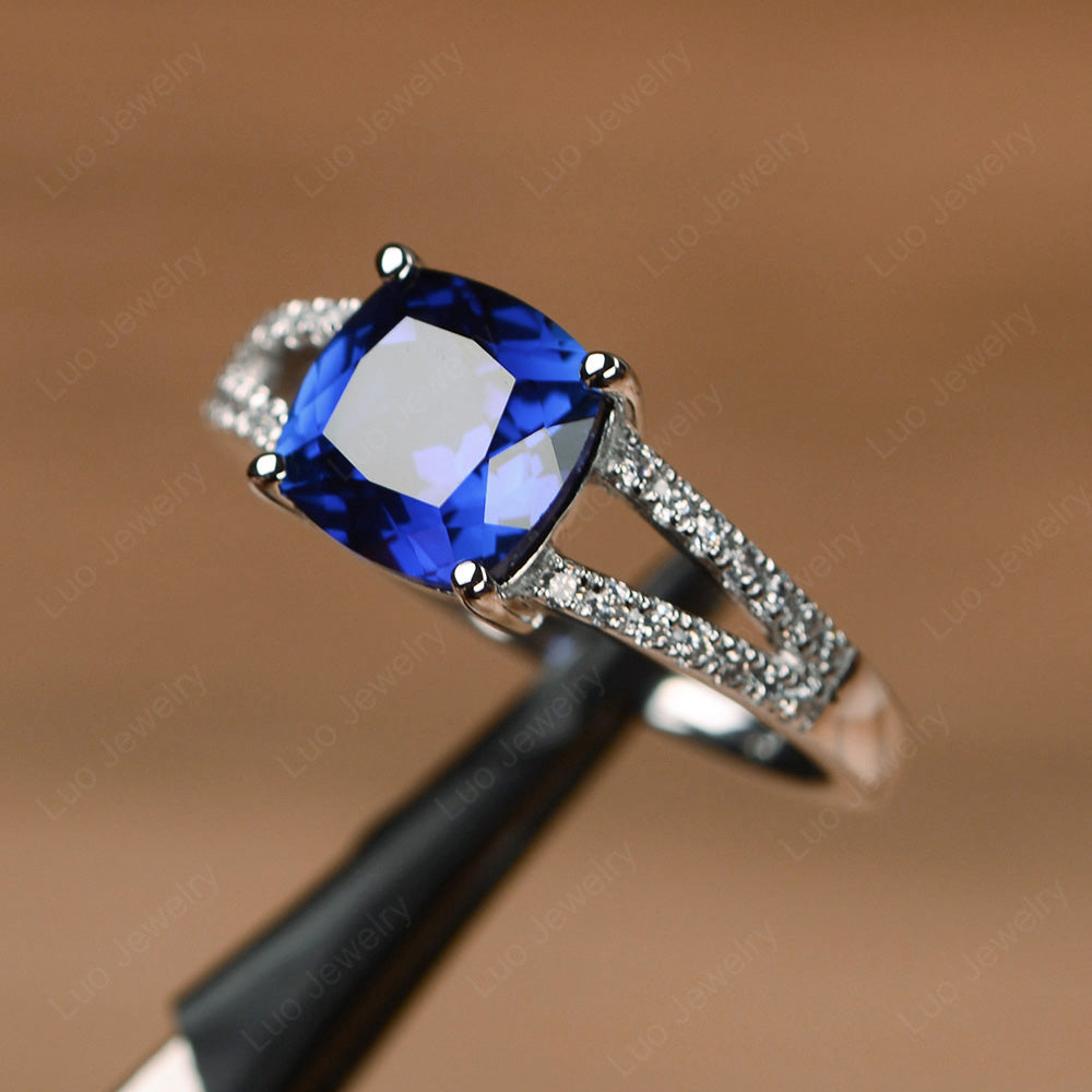 Lab Sapphire Ring Split Shank Cushion Cut Ring - LUO Jewelry