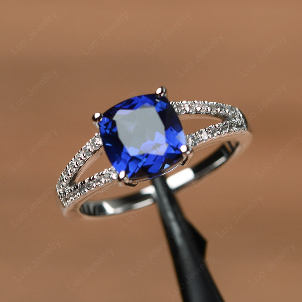 Lab Sapphire Ring Split Shank Cushion Cut Ring - LUO Jewelry