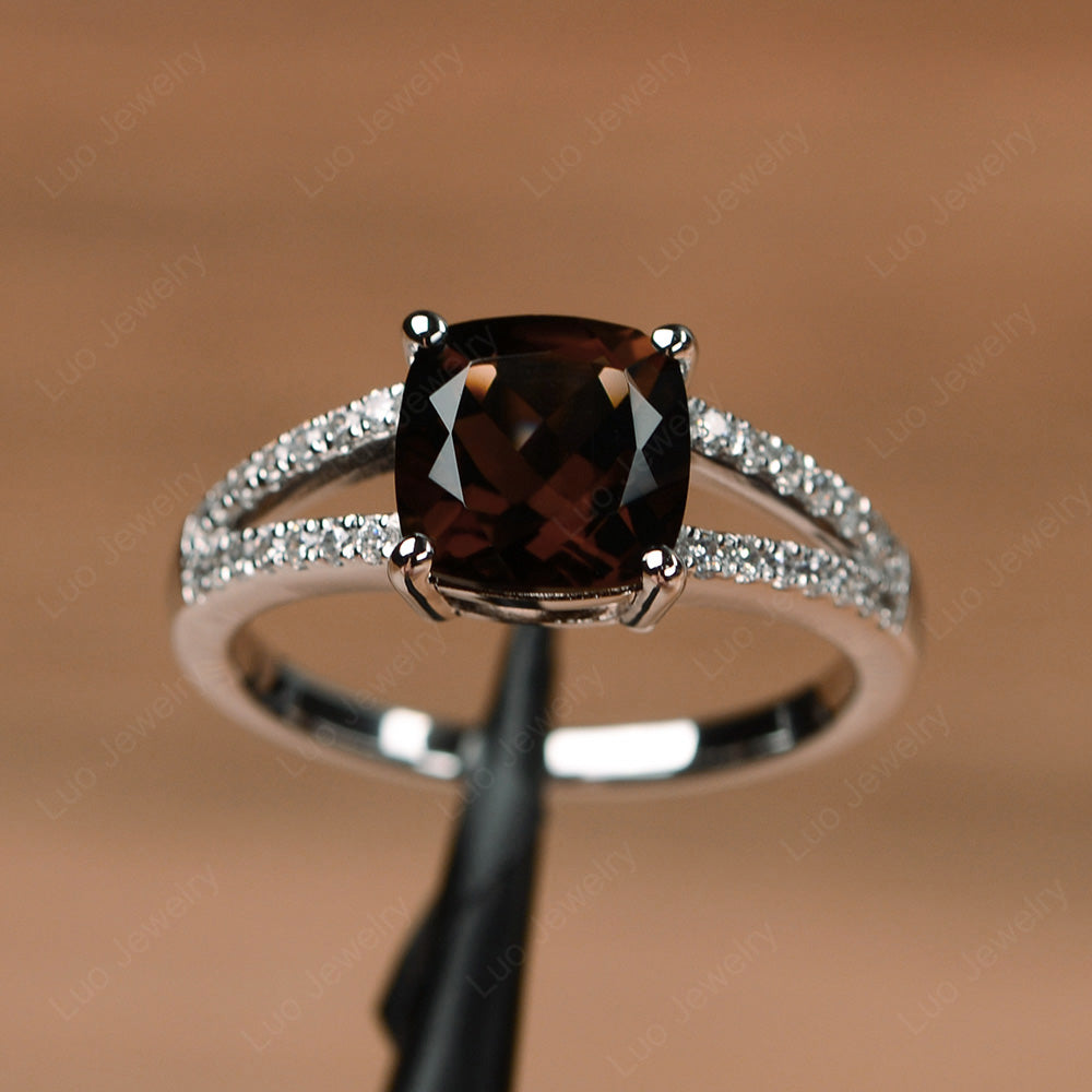 Smoky Quartz  Ring Split Shank Cushion Cut Ring - LUO Jewelry