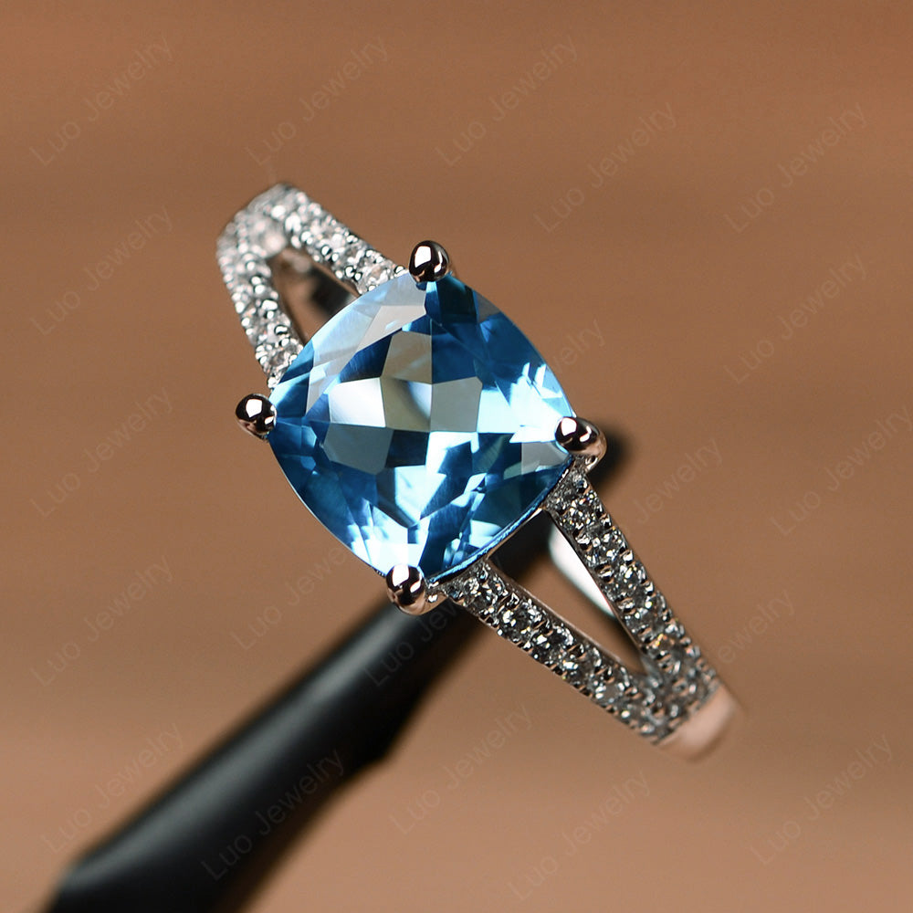 Swiss Blue Topaz Ring Split Shank Cushion Cut Ring - LUO Jewelry