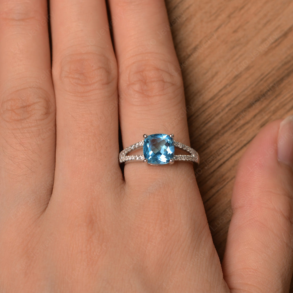 Swiss Blue Topaz Ring Split Shank Cushion Cut Ring - LUO Jewelry