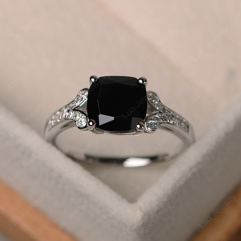 Cushion Shaped Black Spinel Wedding Ring - LUO Jewelry