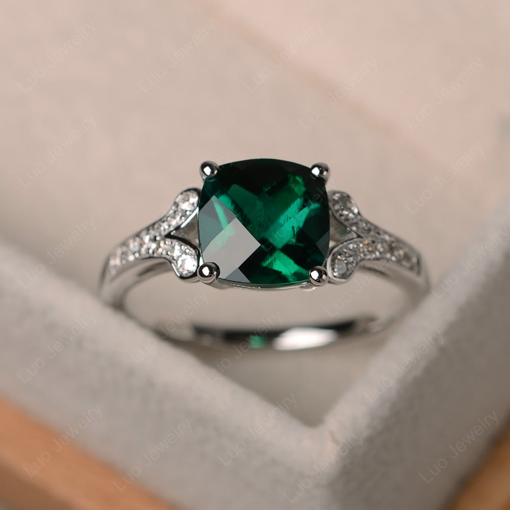 Cushion Shaped Lab Emerald Wedding Ring - LUO Jewelry