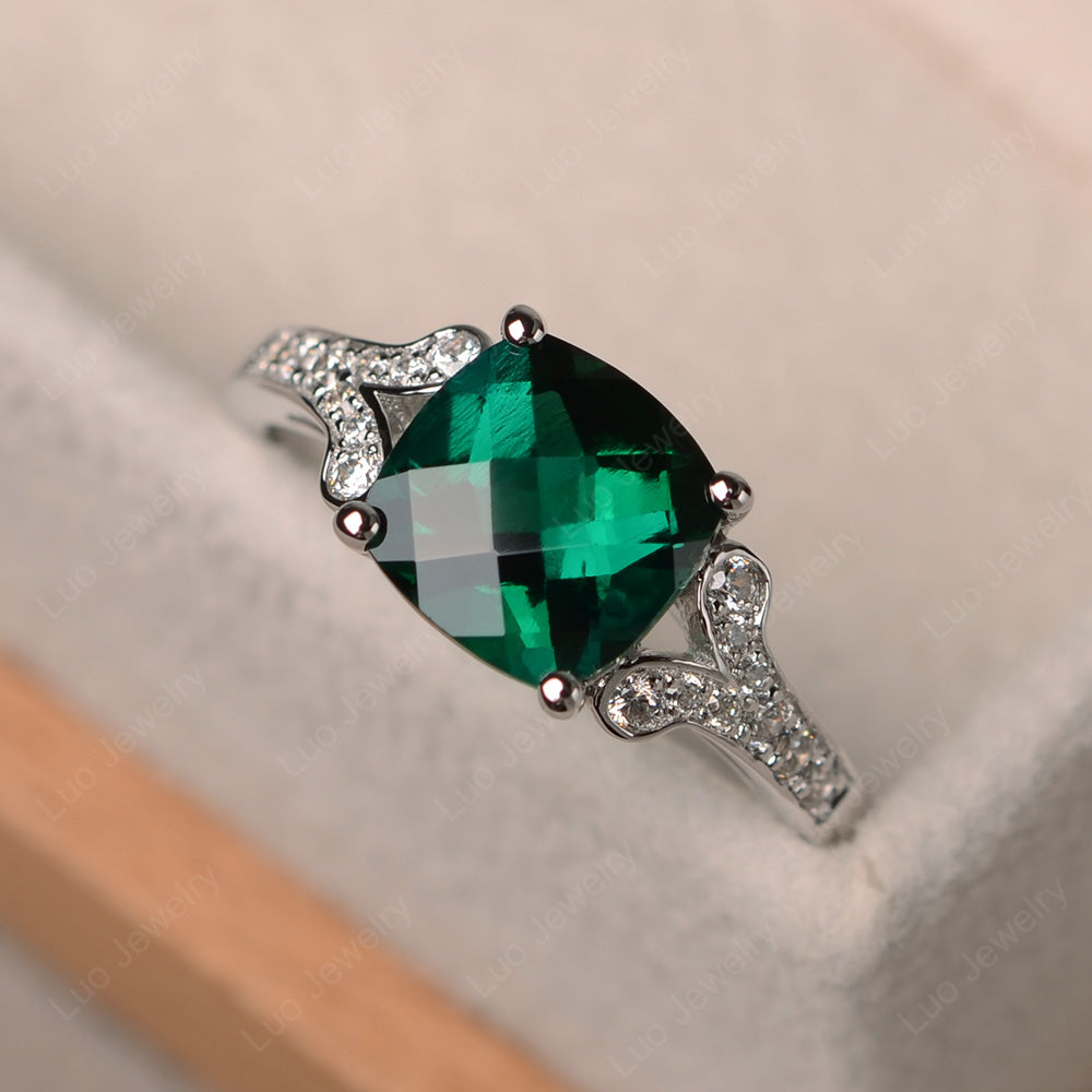 Cushion Shaped Lab Emerald Wedding Ring - LUO Jewelry