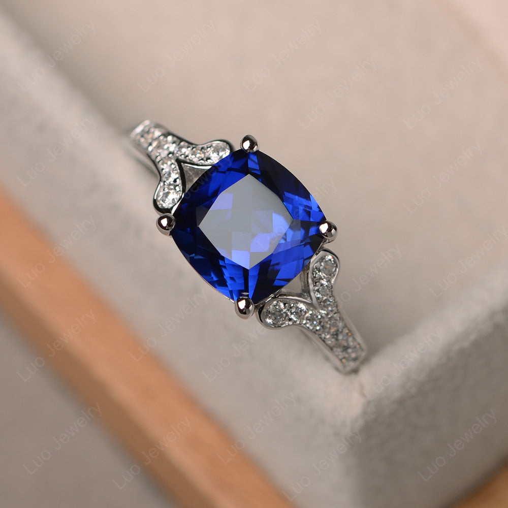 Cushion Shaped Lab Sapphire Wedding Ring - LUO Jewelry
