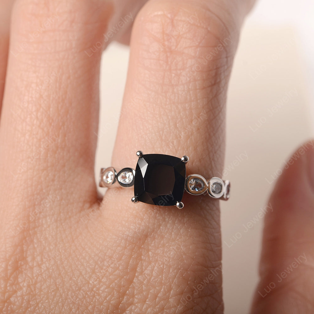 Vintage Black Spinel Ring Cushion Cut Yellow Gold - LUO Jewelry