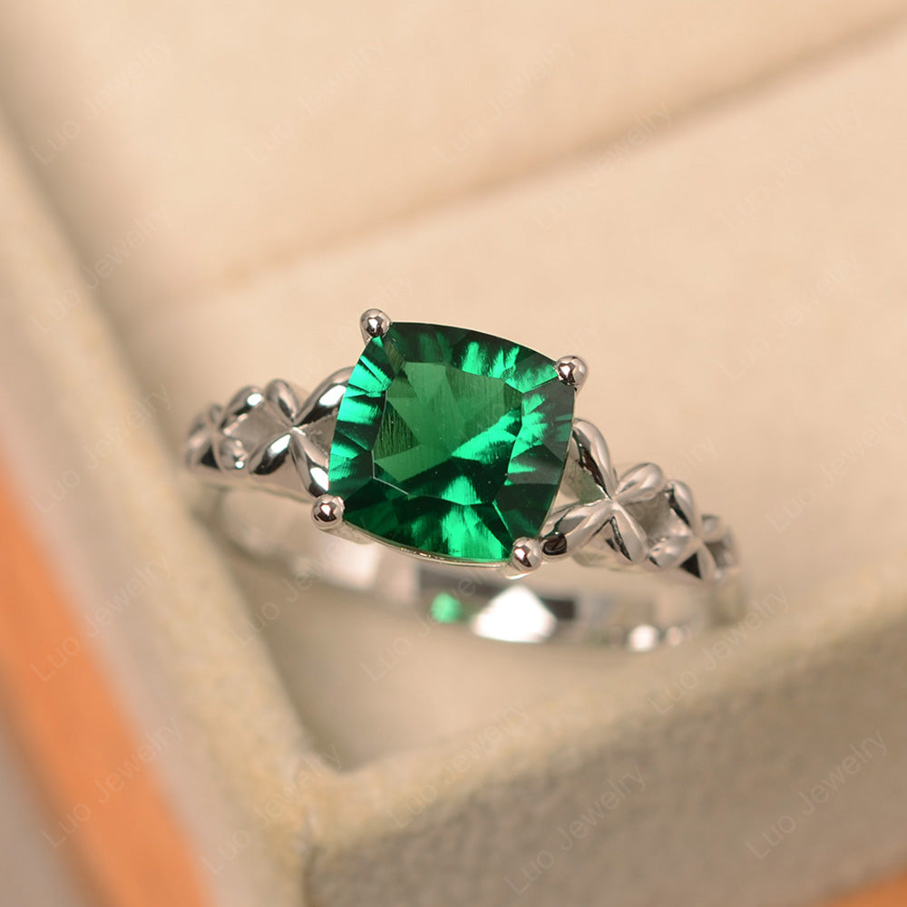 Antique Cushion Cut Lab Emerald Solitaire Ring - LUO Jewelry