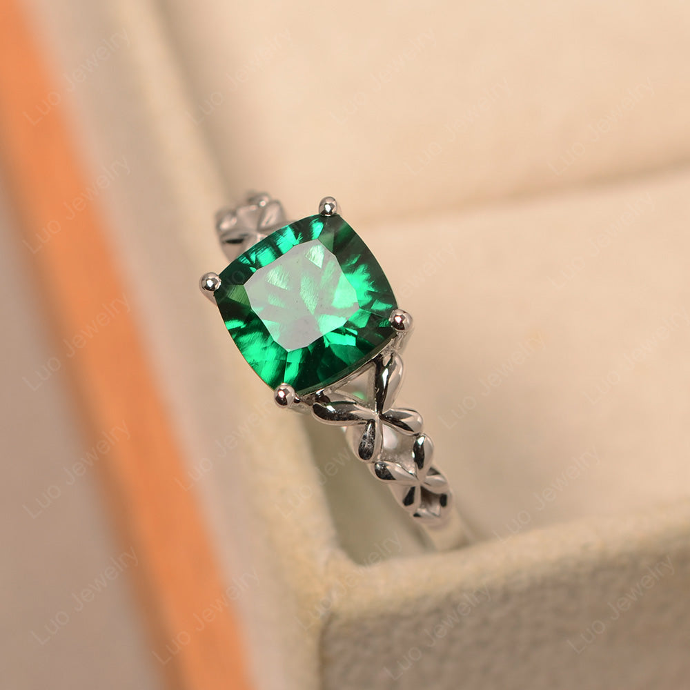 Antique Cushion Cut Lab Emerald Solitaire Ring - LUO Jewelry