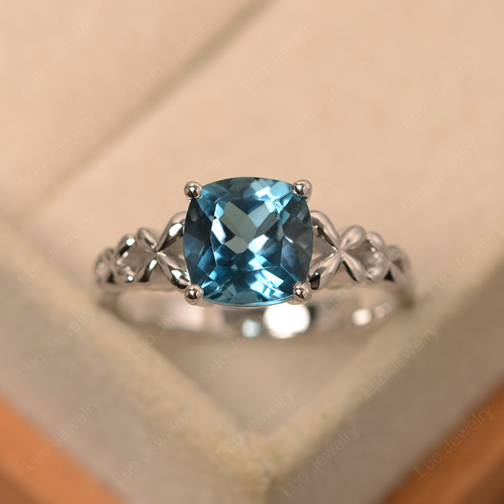 Antique Cushion Cut London Blue Topaz Solitaire Ring - LUO Jewelry