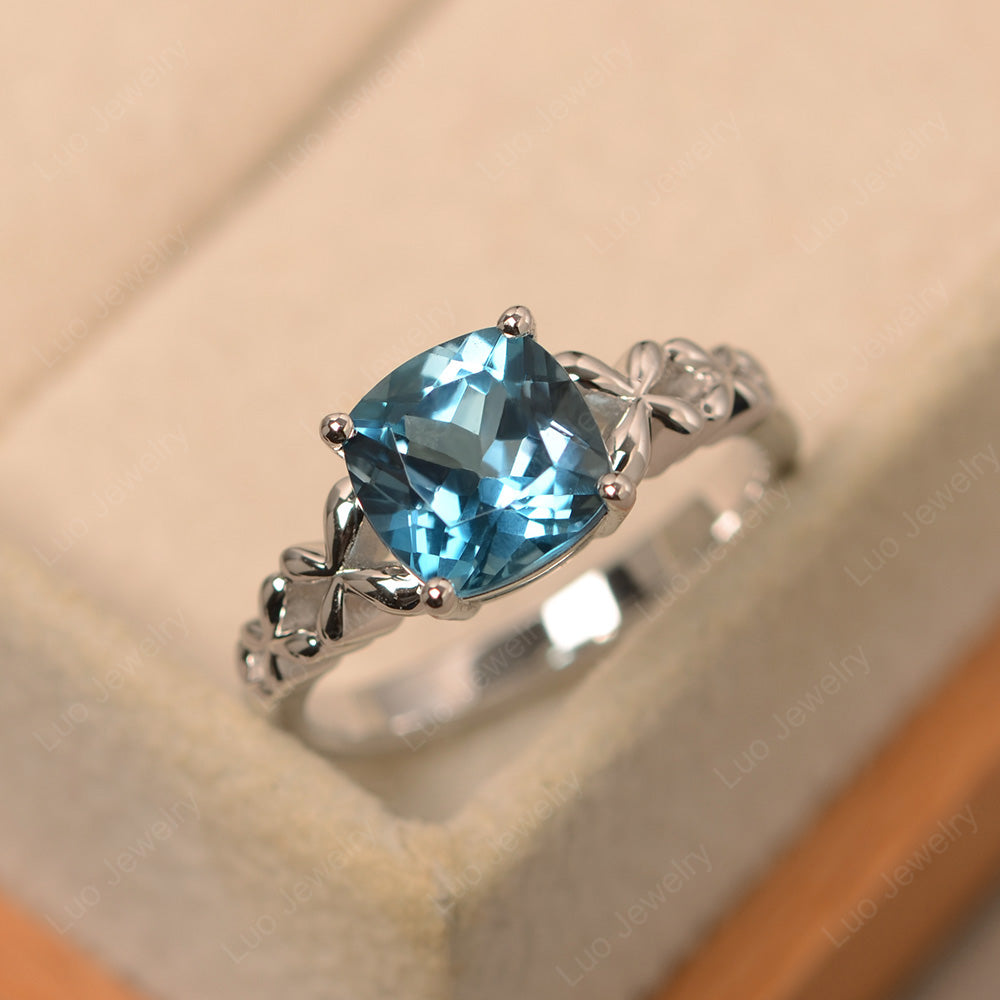 Antique Cushion Cut London Blue Topaz Solitaire Ring - LUO Jewelry