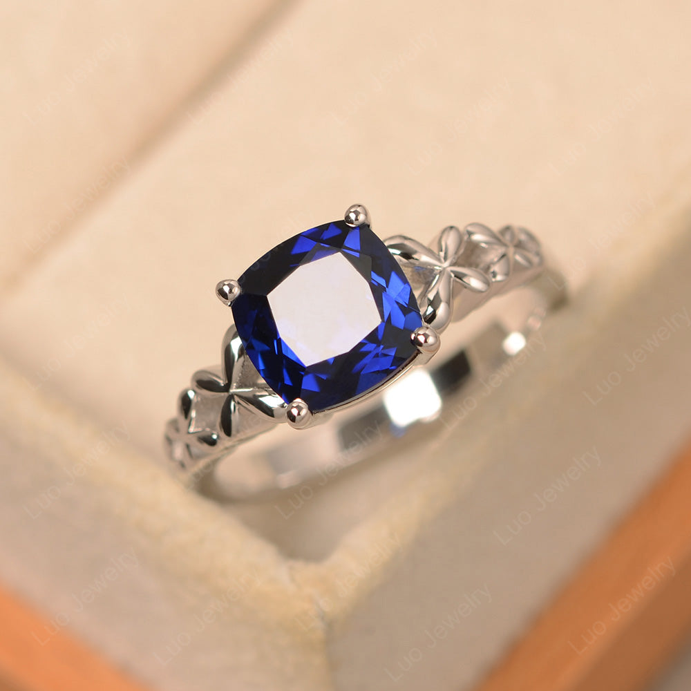 Antique Cushion Cut Lab Sapphire Solitaire Ring - LUO Jewelry