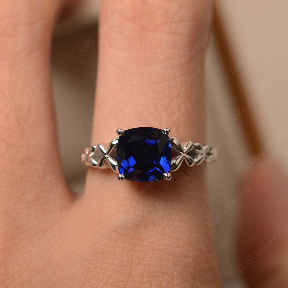 Antique Cushion Cut Lab Sapphire Solitaire Ring - LUO Jewelry