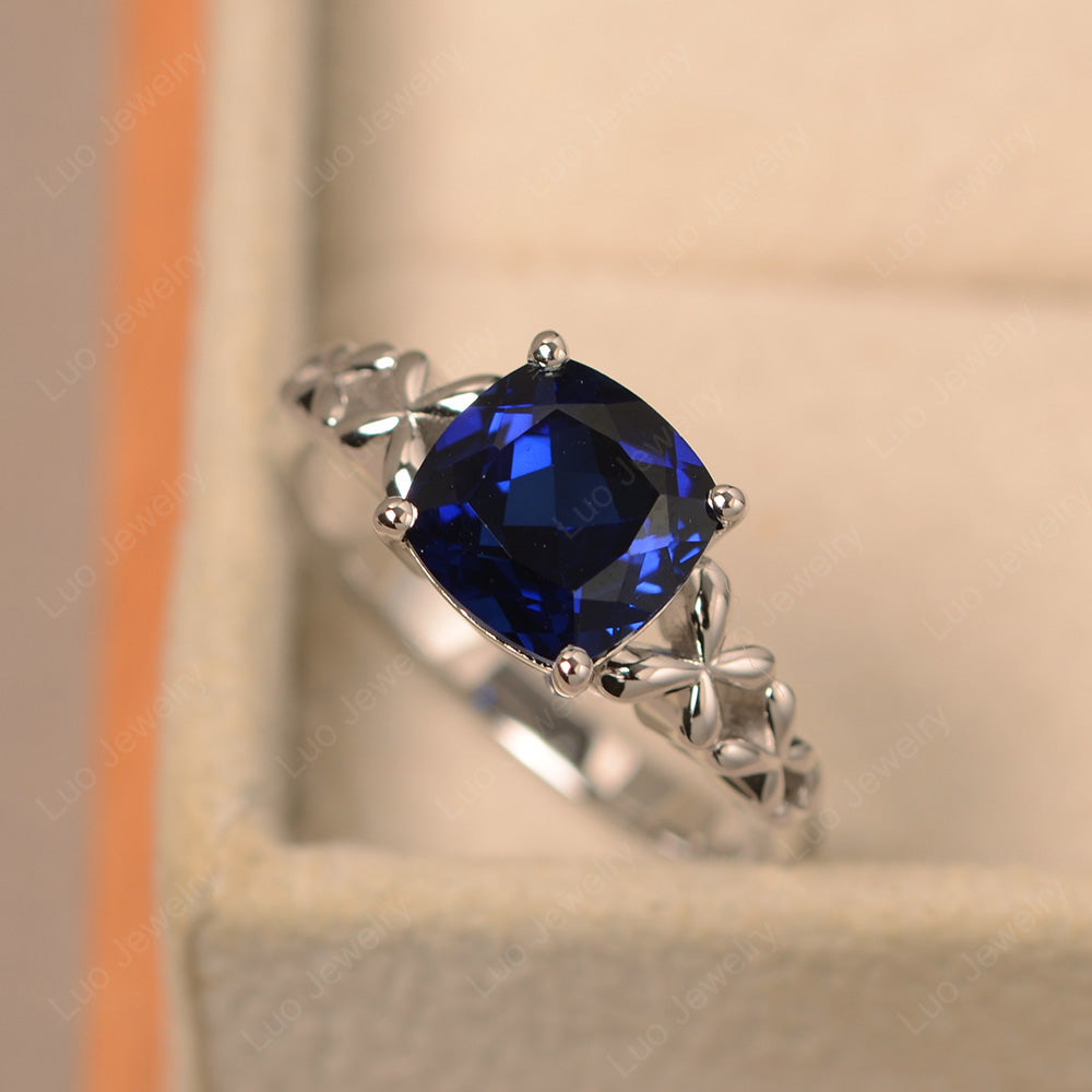 Antique Cushion Cut Lab Sapphire Solitaire Ring - LUO Jewelry