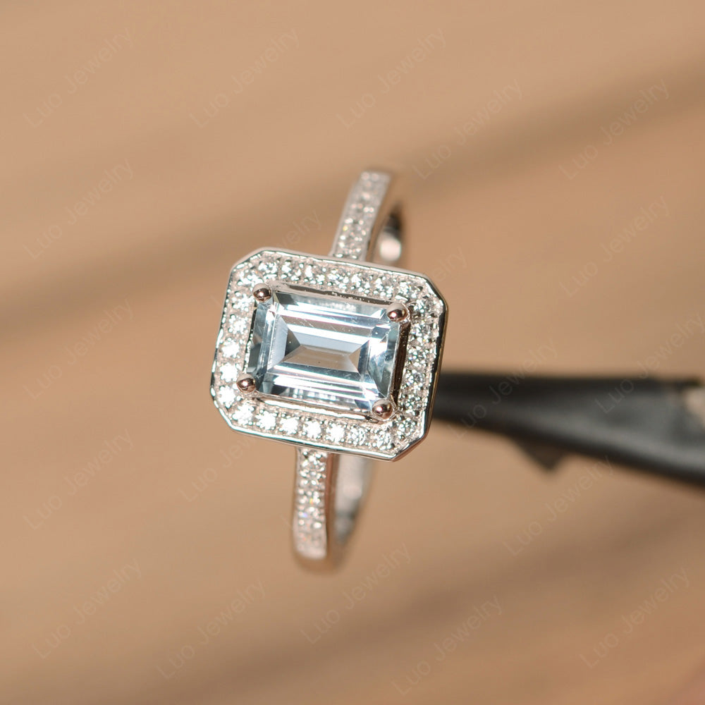 Emerald Cut Aquamarine Halo Engagement Ring - LUO Jewelry