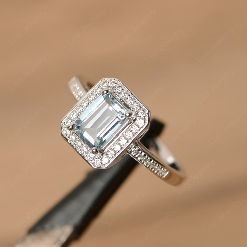 Emerald Cut Aquamarine Halo Engagement Ring - LUO Jewelry