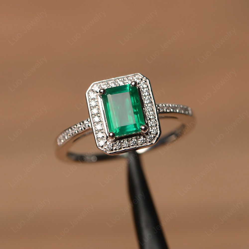 Emerald Cut Lab Emerald Halo Engagement Ring - LUO Jewelry