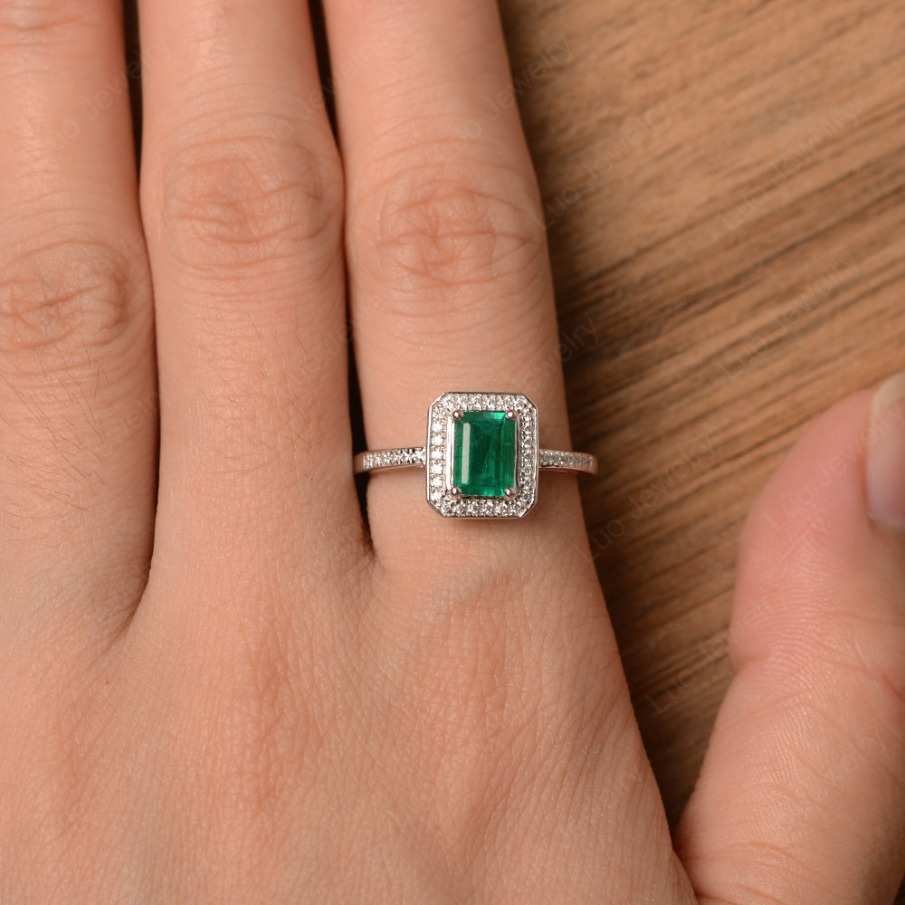 Emerald Cut Lab Emerald Halo Engagement Ring - LUO Jewelry