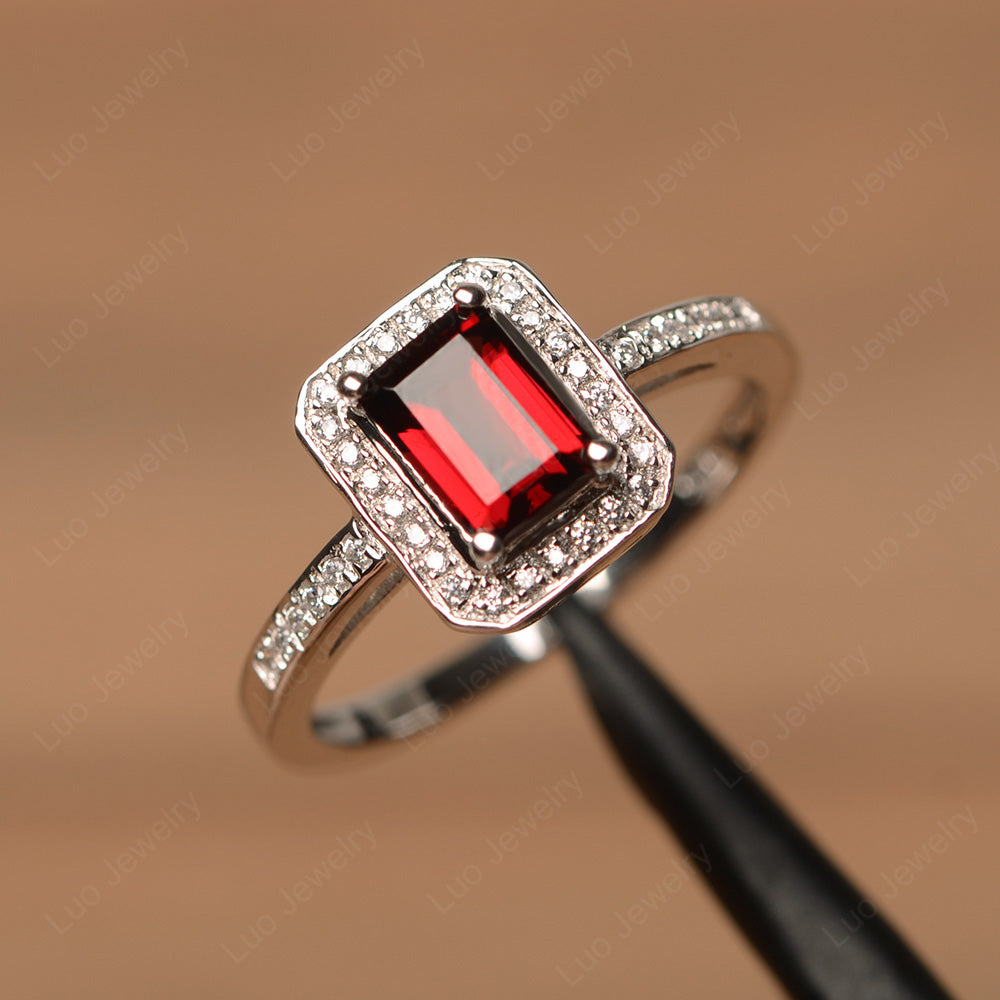 Emerald Cut Garnet Halo Engagement Ring - LUO Jewelry