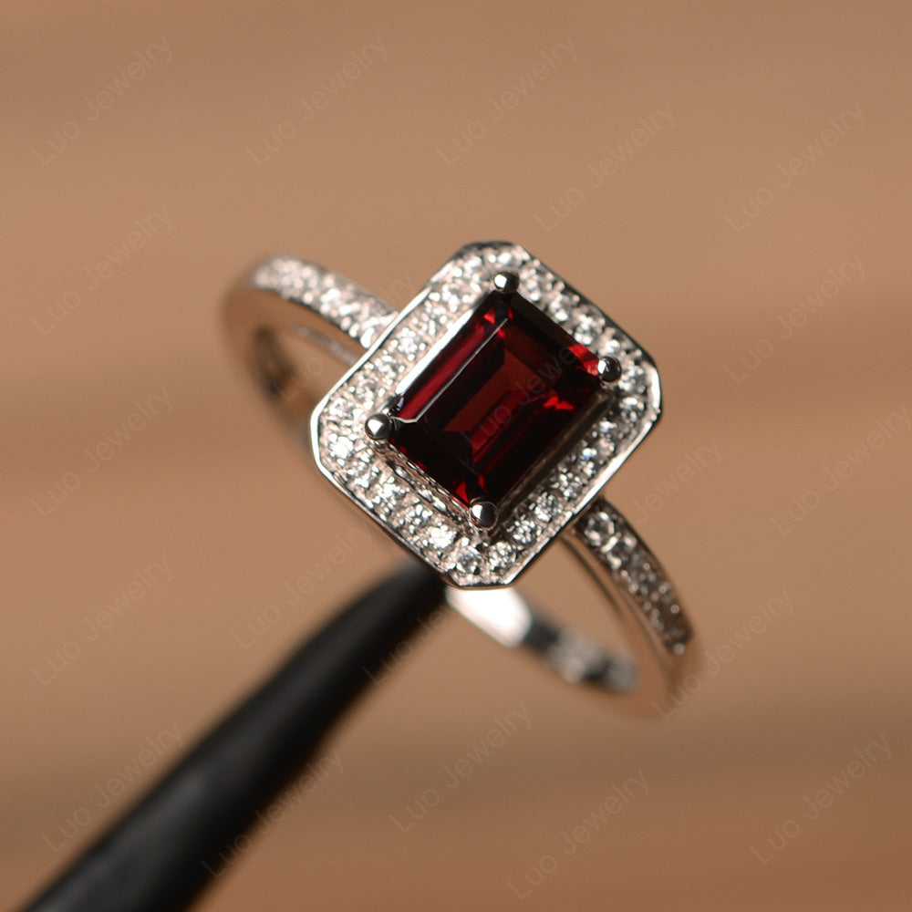 Emerald Cut Garnet Halo Engagement Ring - LUO Jewelry