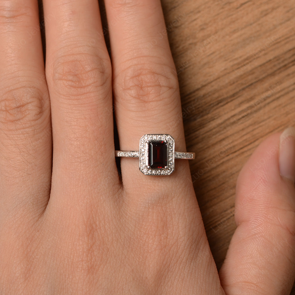 Emerald Cut Garnet Halo Engagement Ring - LUO Jewelry