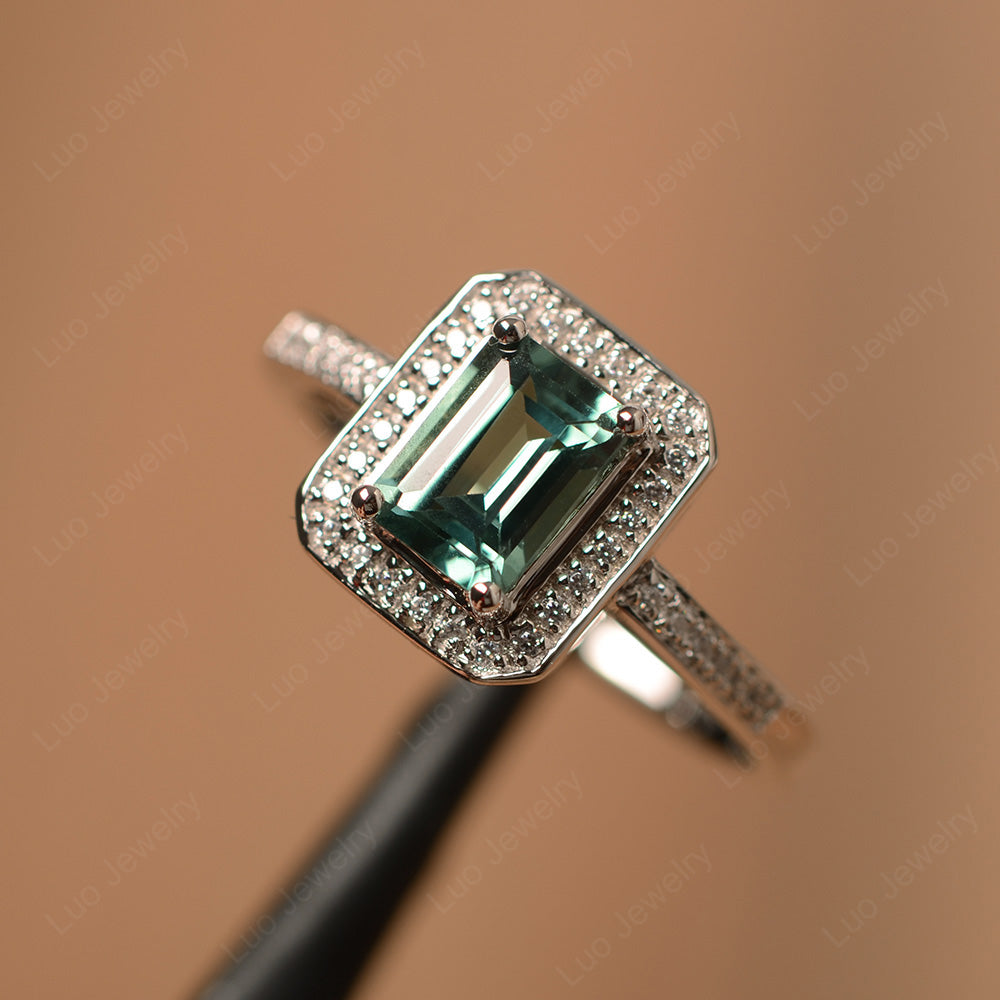 Emerald Cut Green Sapphire Halo Engagement Ring - LUO Jewelry