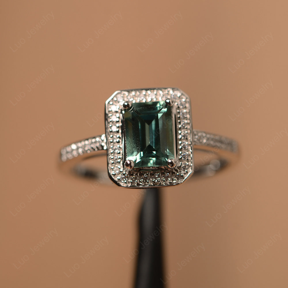 Emerald Cut Green Sapphire Halo Engagement Ring - LUO Jewelry