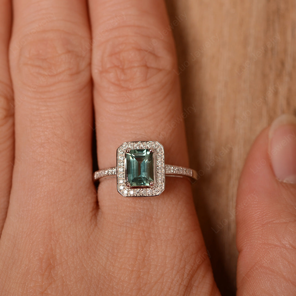 Emerald Cut Green Sapphire Halo Engagement Ring - LUO Jewelry