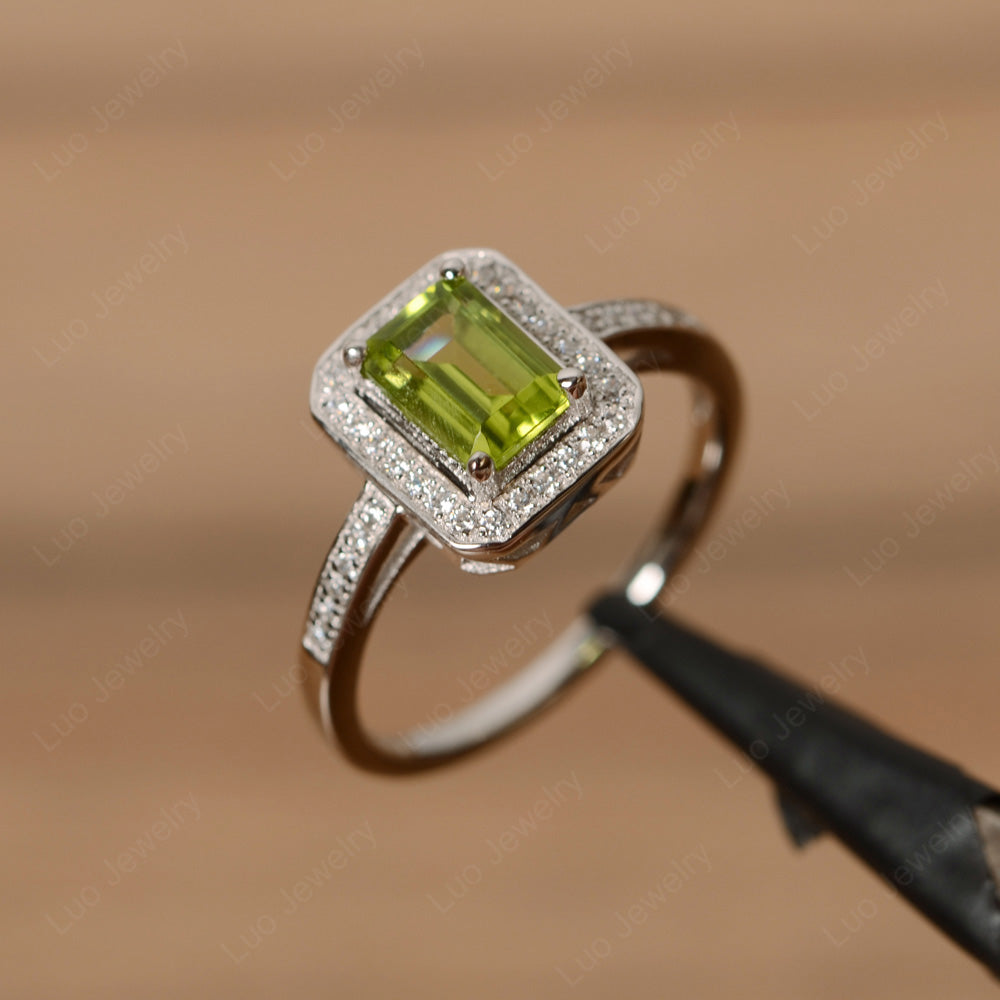 Emerald Cut Peridot Halo Engagement Ring - LUO Jewelry