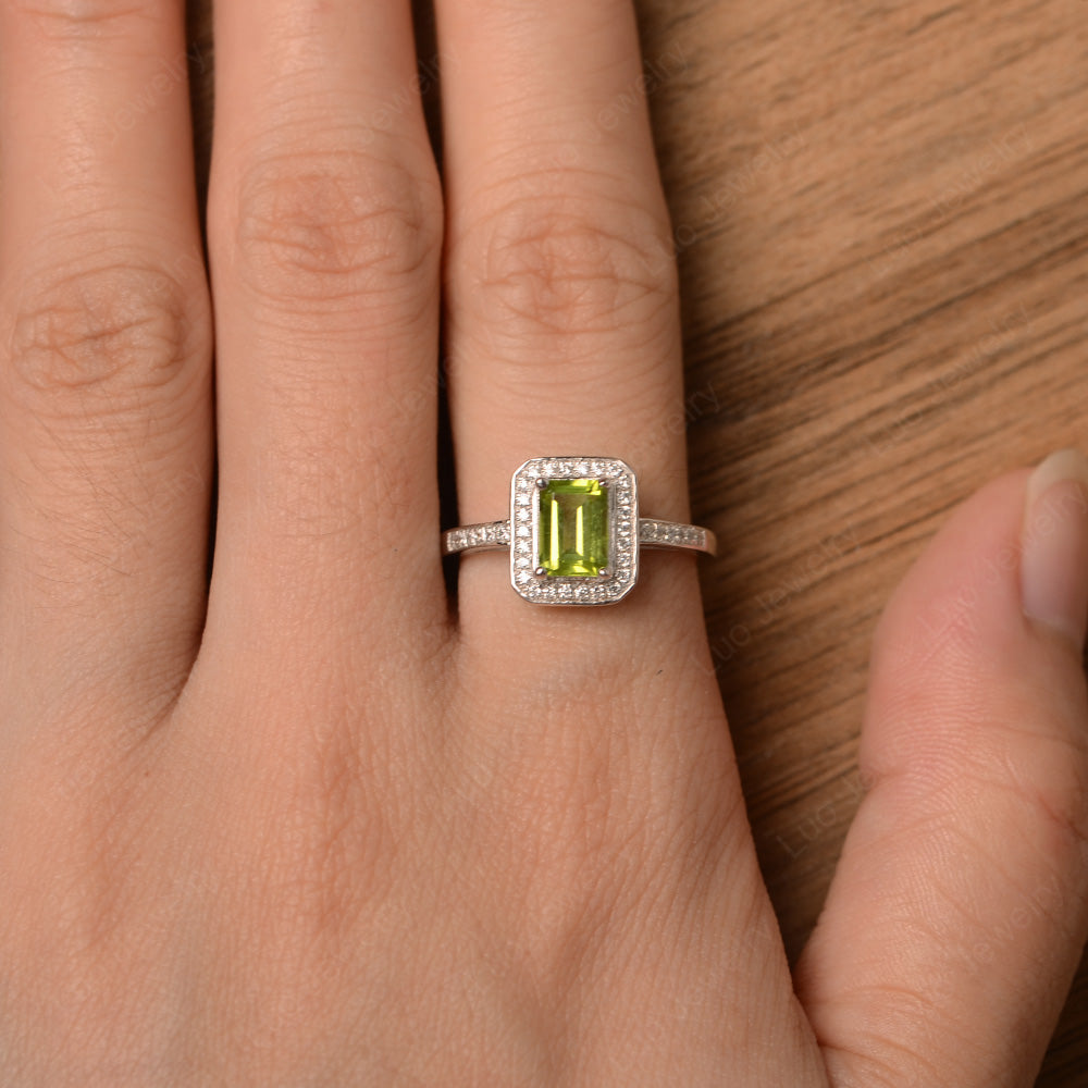 Emerald Cut Peridot Halo Engagement Ring - LUO Jewelry