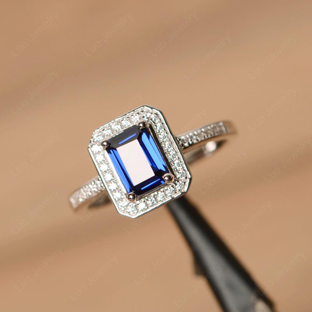 Emerald Cut Lab Sapphire Halo Engagement Ring - LUO Jewelry