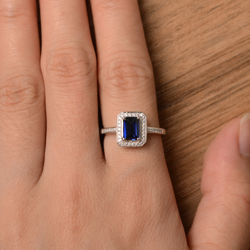 Emerald Cut Lab Sapphire Halo Engagement Ring - LUO Jewelry