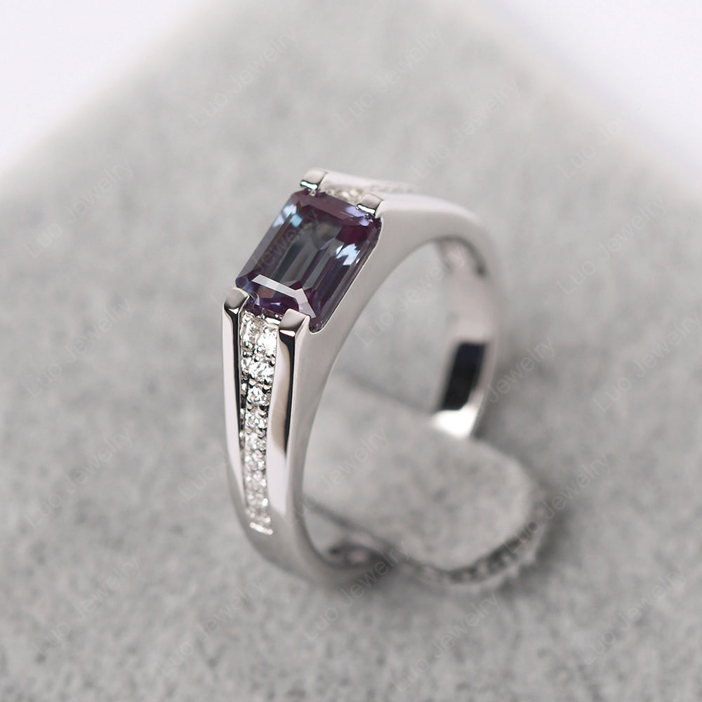 East West Alexandrite Ring Emerald Cut Engagement Ring - LUO Jewelry