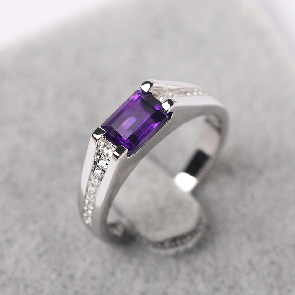 East West Amethyst Ring Emerald Cut Engagement Ring - LUO Jewelry