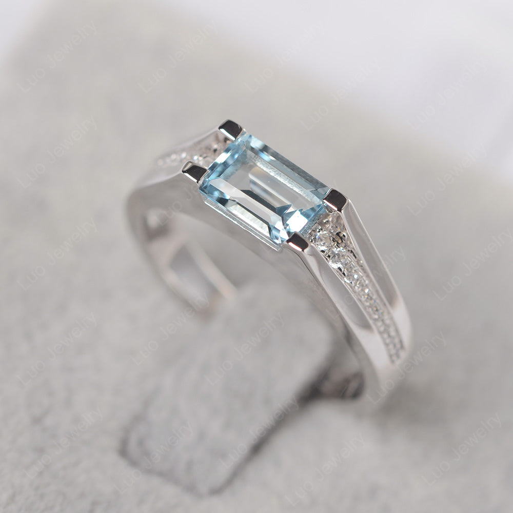 East West Aquamarine Ring Emerald Cut Engagement Ring - LUO Jewelry