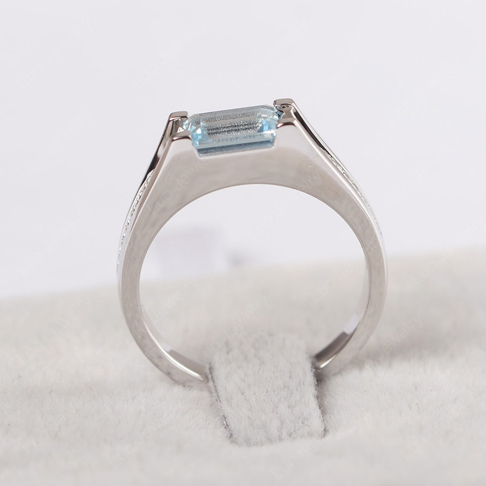 East West Aquamarine Ring Emerald Cut Engagement Ring - LUO Jewelry