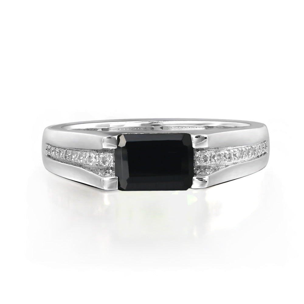 East West Black Spinel Ring Emerald Cut Engagement Ring - LUO Jewelry