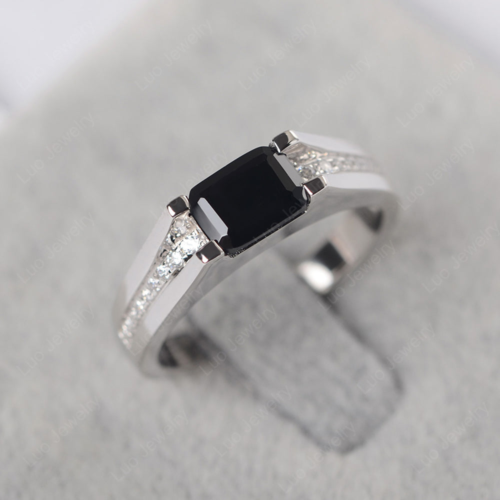 East West Black Spinel Ring Emerald Cut Engagement Ring - LUO Jewelry