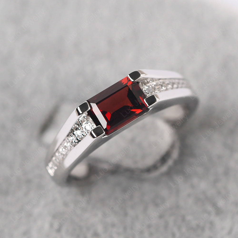East West Garnet Ring Emerald Cut Engagement Ring - LUO Jewelry