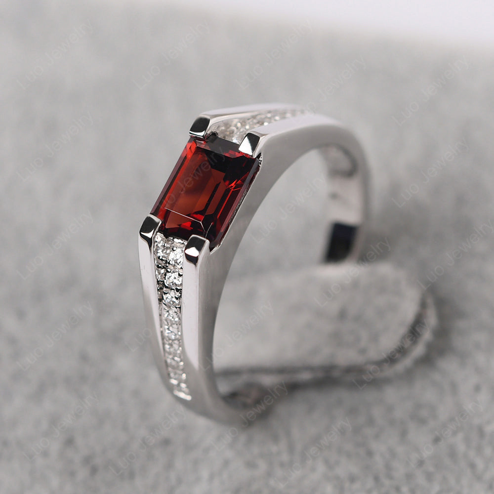 East West Garnet Ring Emerald Cut Engagement Ring - LUO Jewelry