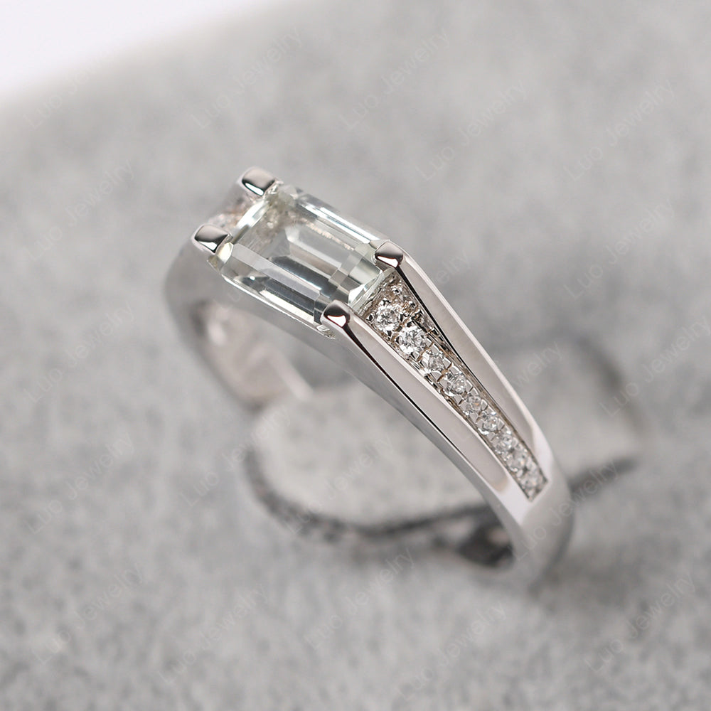 East West Green Amethyst Ring Emerald Cut Engagement Ring - LUO Jewelry