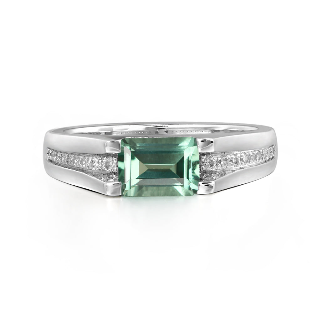 East West Green Sapphire Ring Emerald Cut Engagement Ring - LUO Jewelry