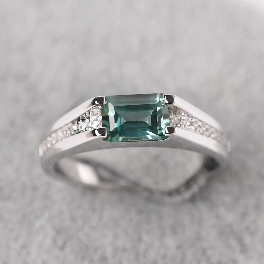 East West Green Sapphire Ring Emerald Cut Engagement Ring - LUO Jewelry